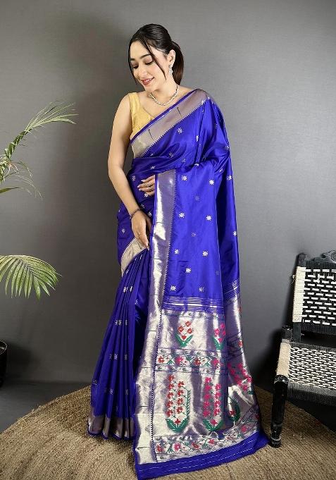 Royal Blue Floral Print Silk Blend Saree Set