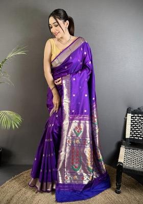 Purple Floral Print Silk Blend Saree Set