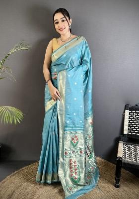 Sky Blue Floral Print Silk Blend Saree Set