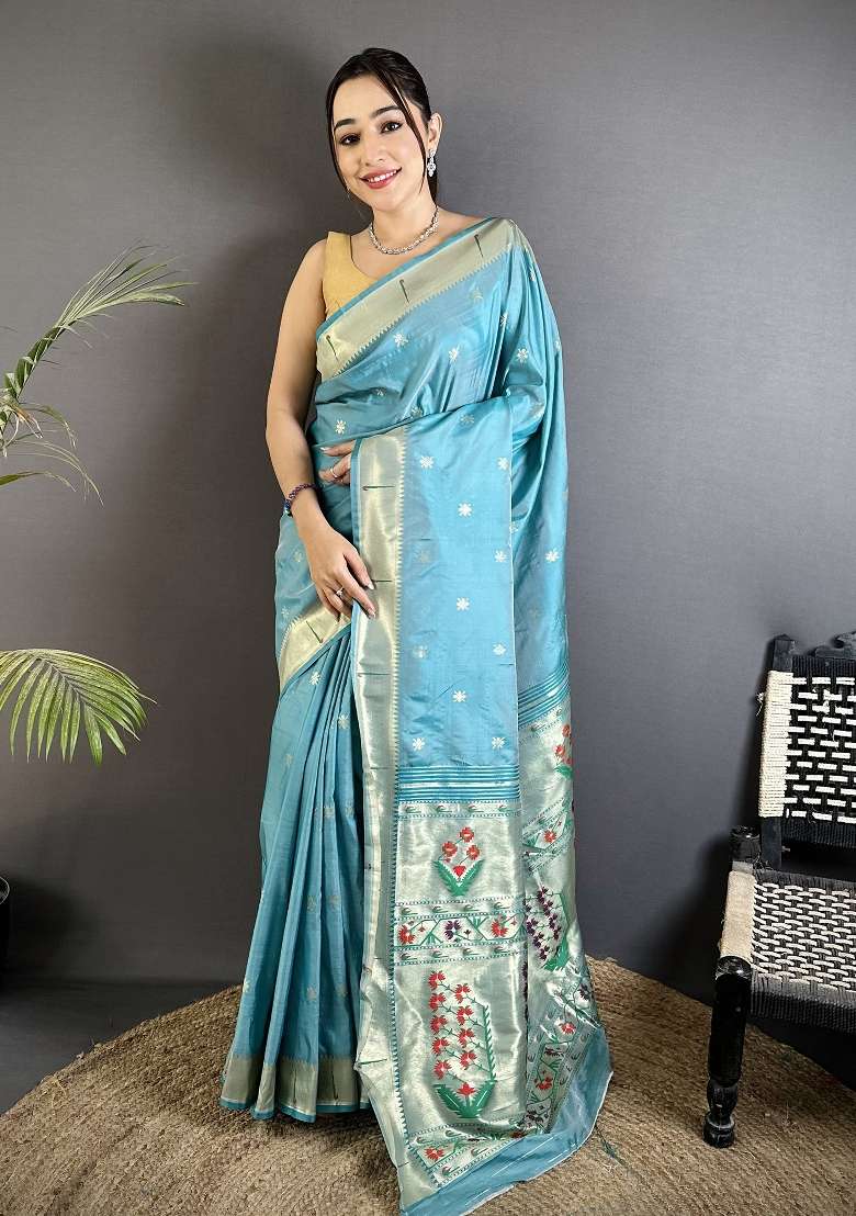 Sky Blue Floral Print Silk Blend Saree Set for Diwali and Festive Wear - Indya