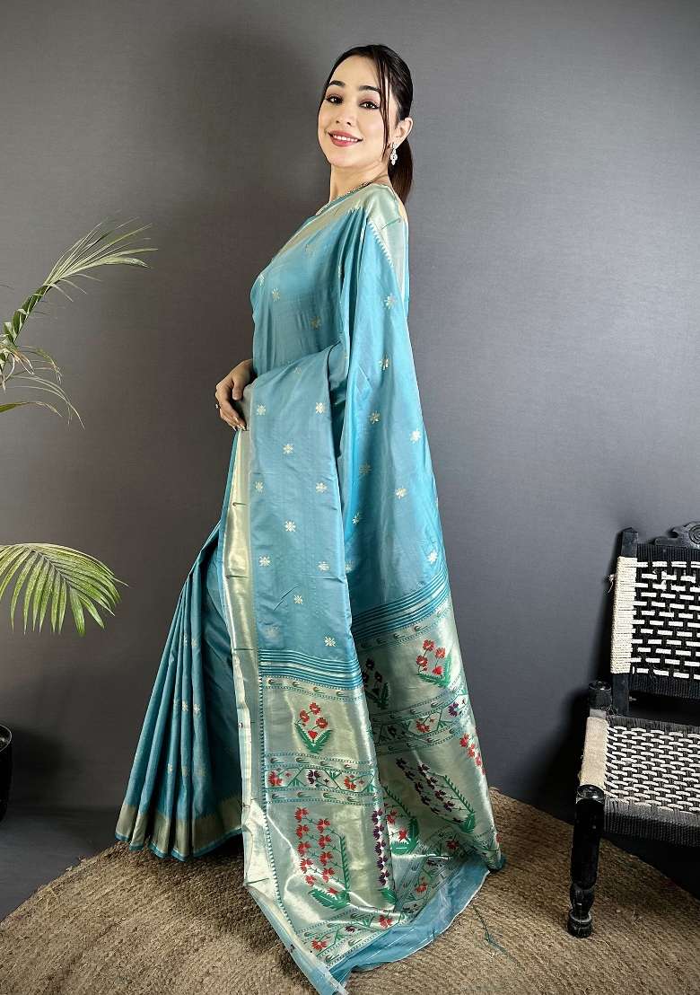 Sky Blue Floral Print Silk Blend Saree Set for Diwali and Festive Wear - Indya