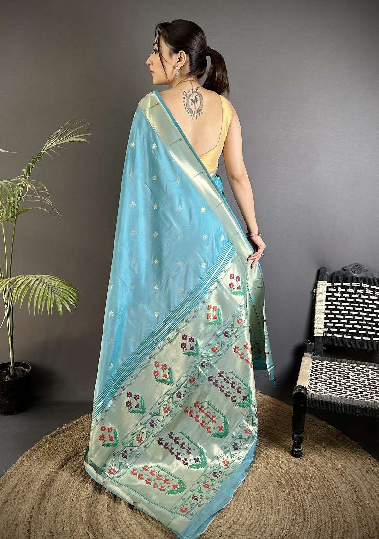 Sky Blue Floral Print Silk Blend Saree Set for Diwali and Festive Wear - Indya