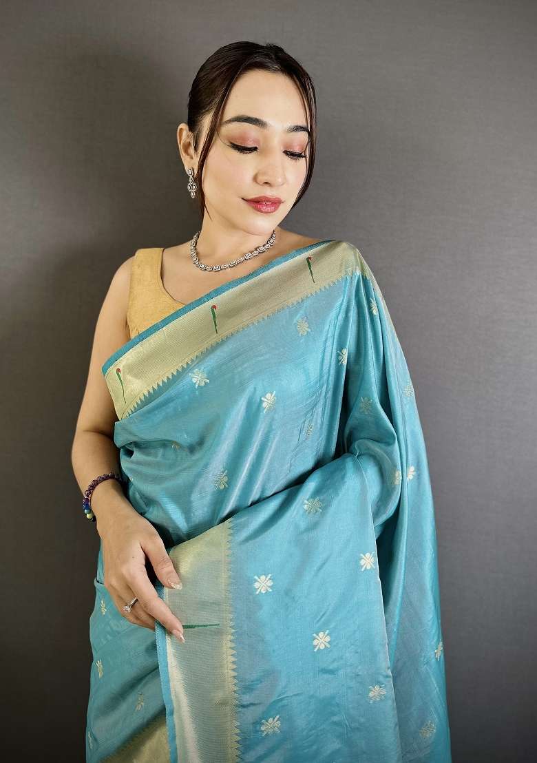Sky Blue Floral Print Silk Blend Saree Set for Diwali and Festive Wear - Indya