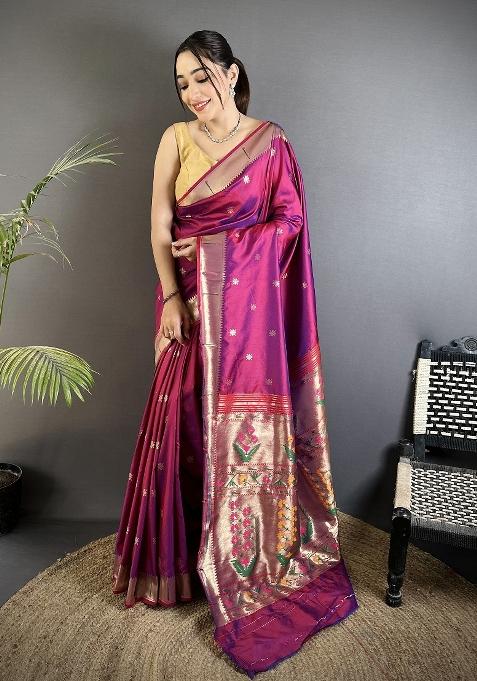Magenta Floral Print Silk Blend Saree Set