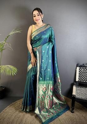 Azure Turquoise Floral Print Silk Blend Saree Set