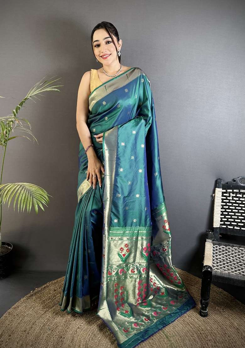 Azure Turquoise Floral Print Silk Blend Saree Set for Diwali and Festive Wear - Indya