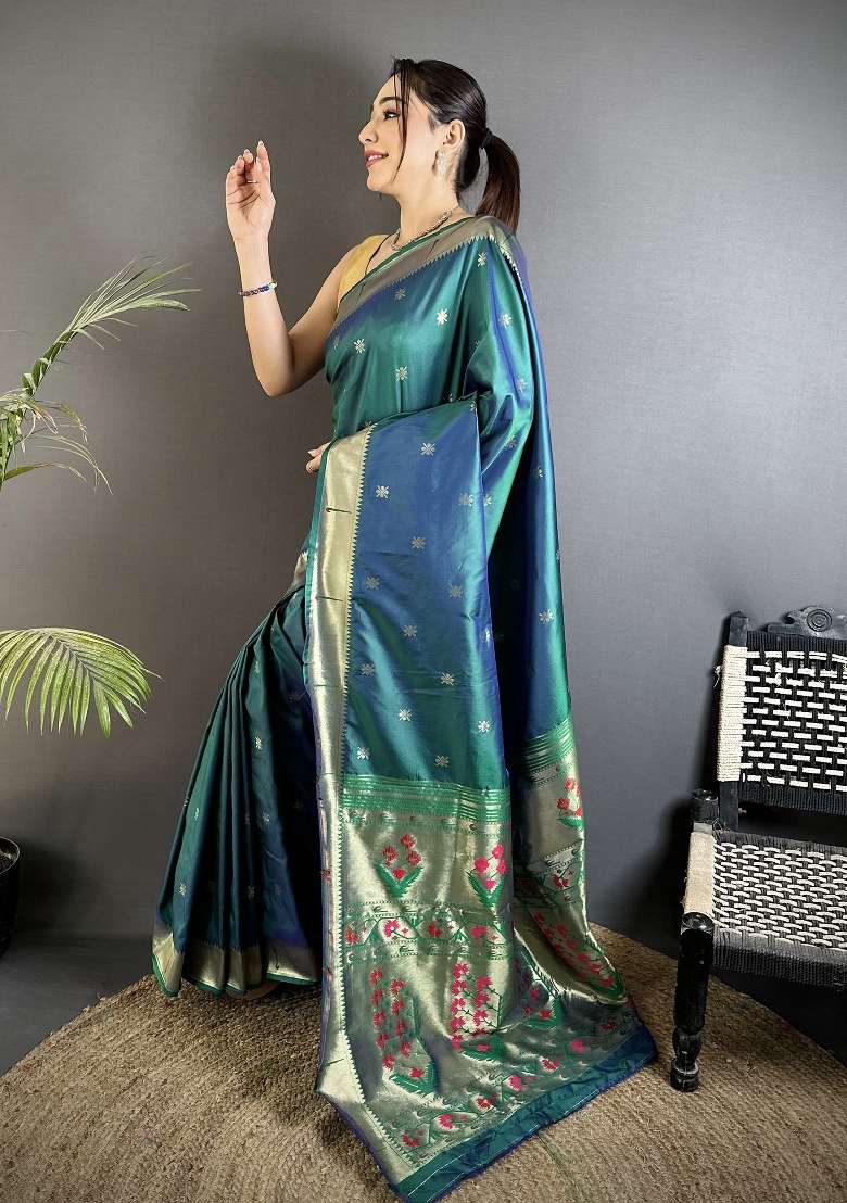 Azure Turquoise Floral Print Silk Blend Saree Set for Diwali and Festive Wear - Indya