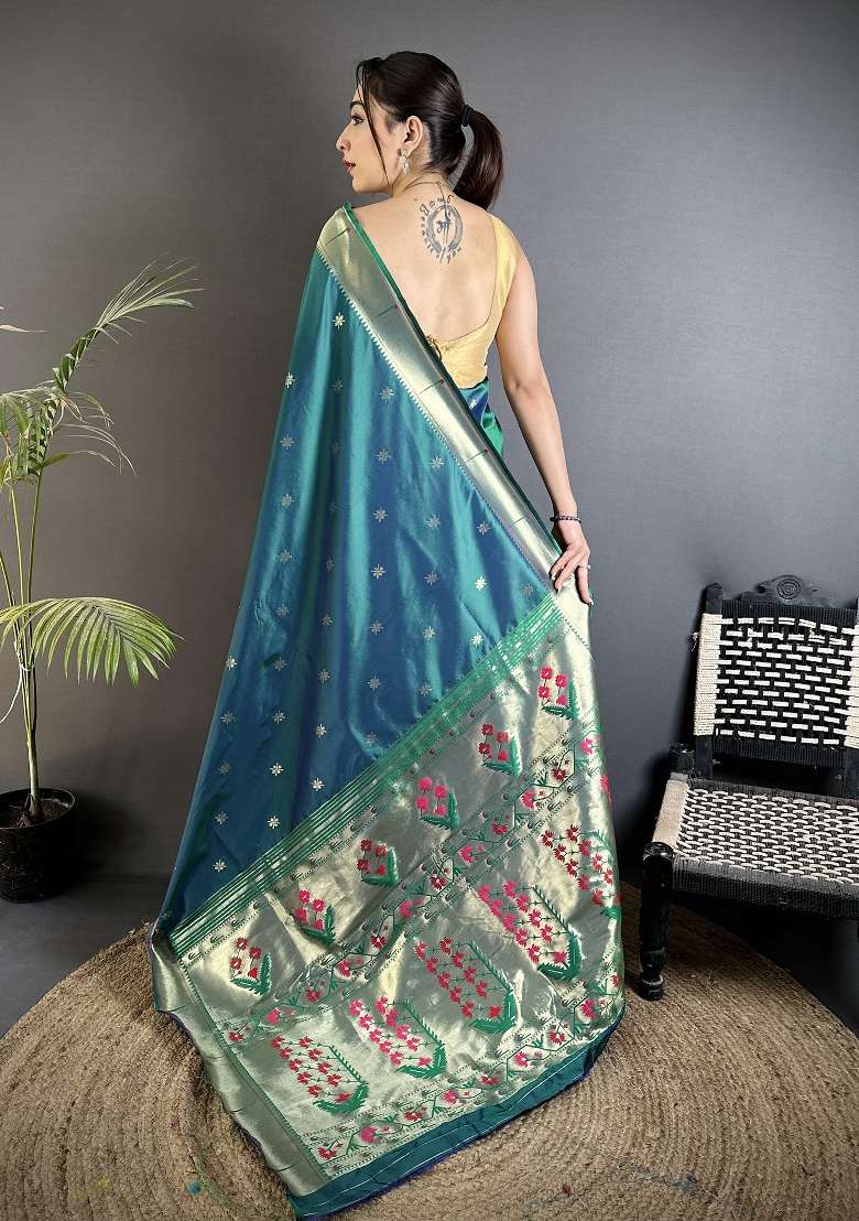Azure Turquoise Floral Print Silk Blend Saree Set for Diwali and Festive Wear - Indya