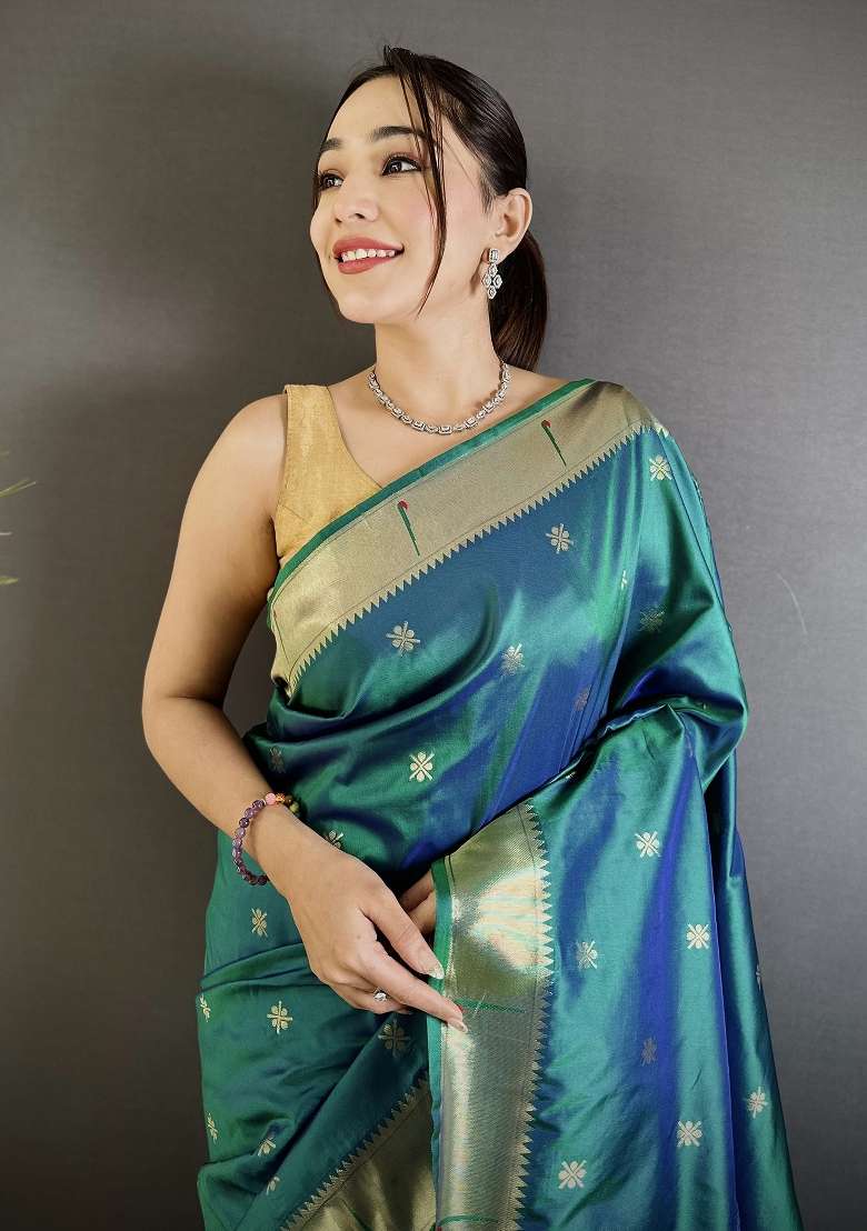 Azure Turquoise Floral Print Silk Blend Saree Set for Diwali and Festive Wear - Indya