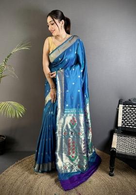 Blue Floral Print Silk Blend Saree Set