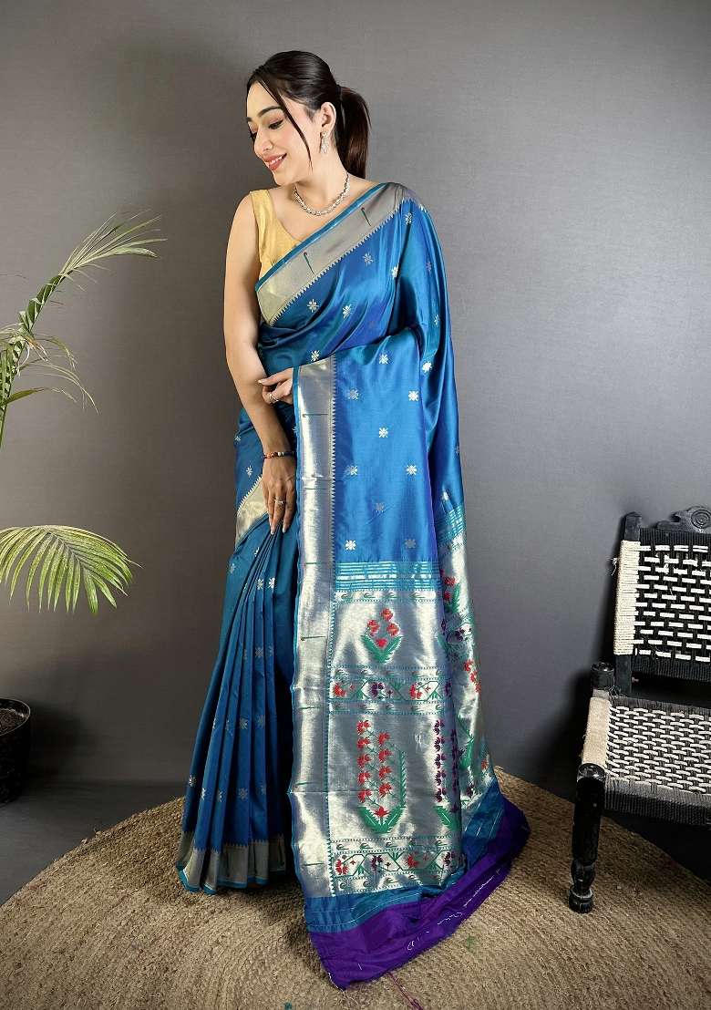 Blue Floral Print Silk Blend Saree Set for Diwali and Festive Wear - Indya
