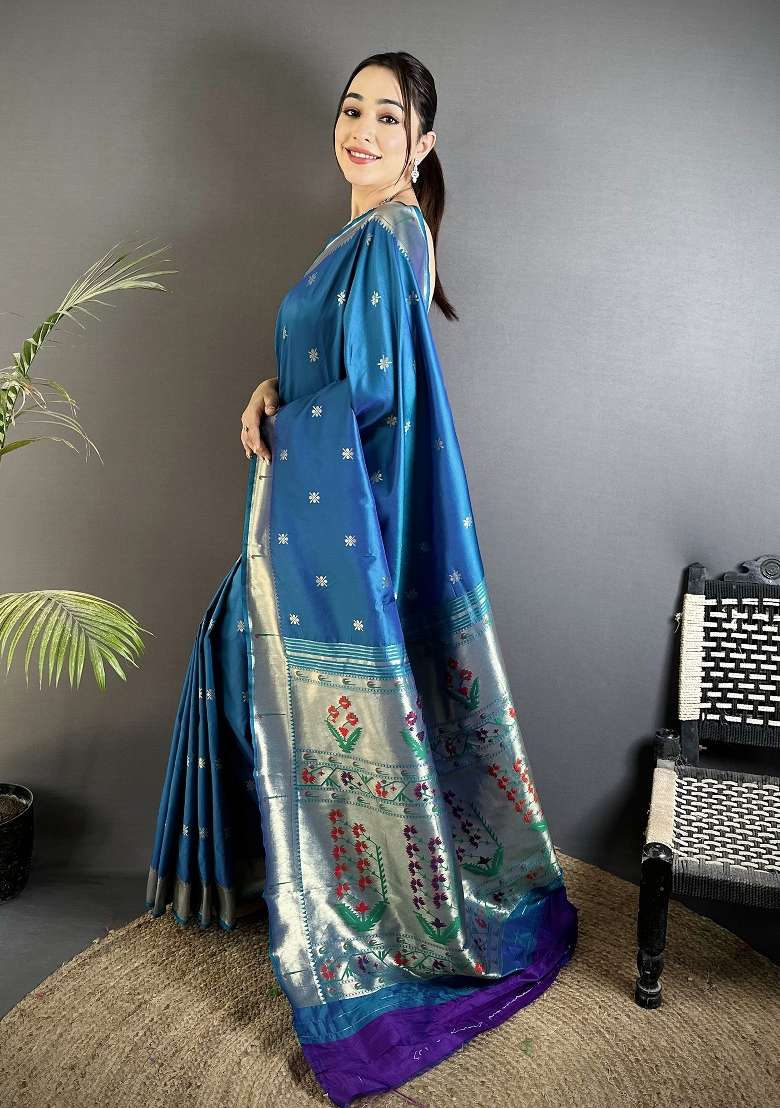 Blue Floral Print Silk Blend Saree Set for Diwali and Festive Wear - Indya
