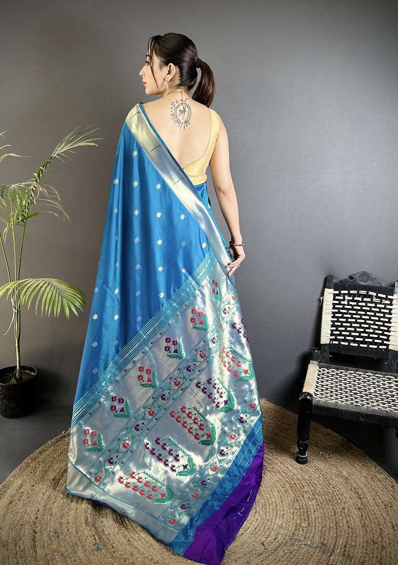 Blue Floral Print Silk Blend Saree Set for Diwali and Festive Wear - Indya