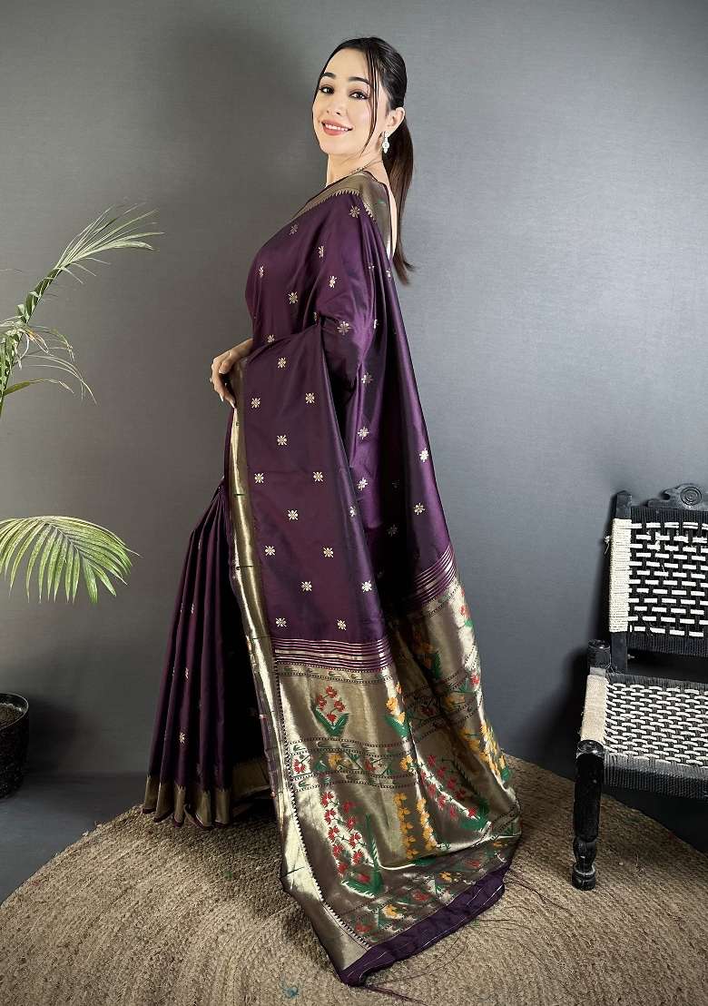 Wine Silk Blend Saree Set with Floral Print for Diwali | Wedding & Festive Wear - Indya