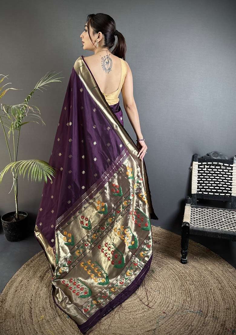 Wine Silk Blend Saree Set with Floral Print for Diwali | Wedding & Festive Wear - Indya
