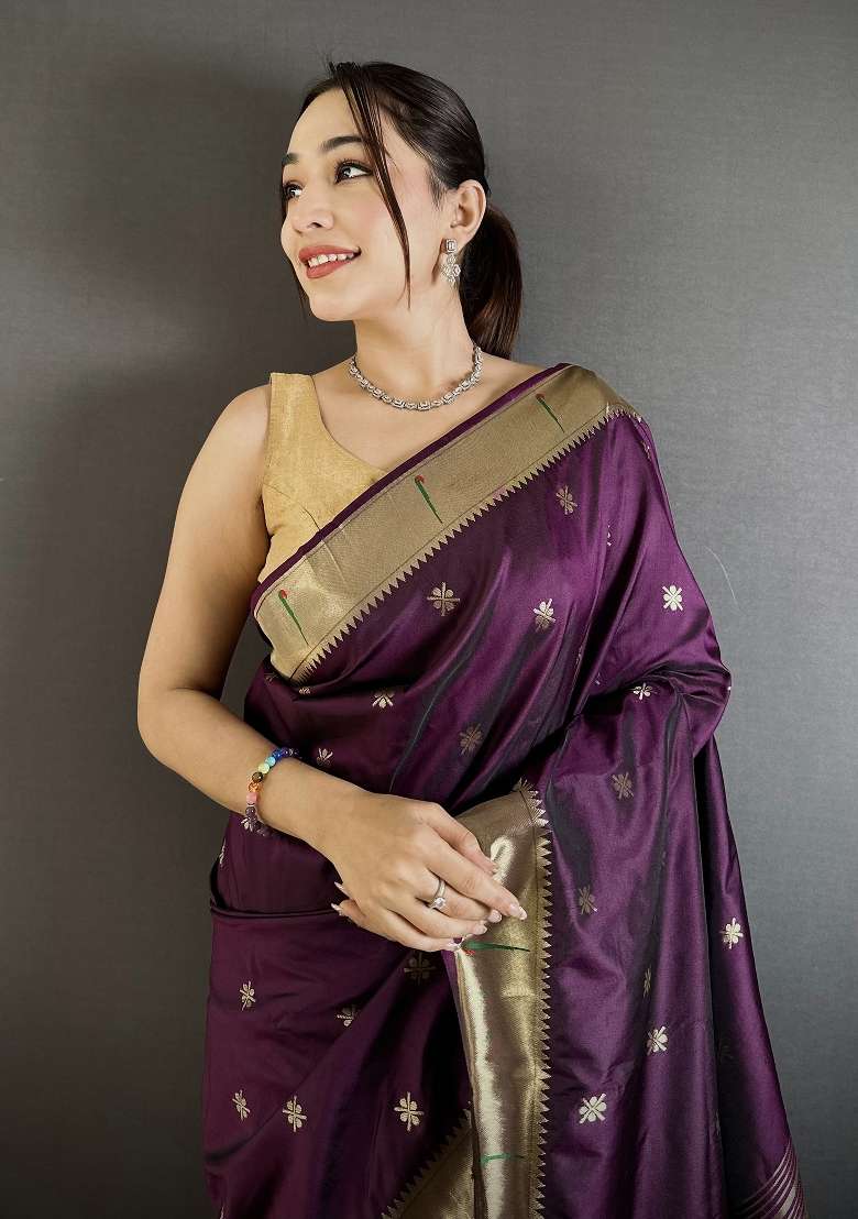 Wine Silk Blend Saree Set with Floral Print for Diwali | Wedding & Festive Wear - Indya