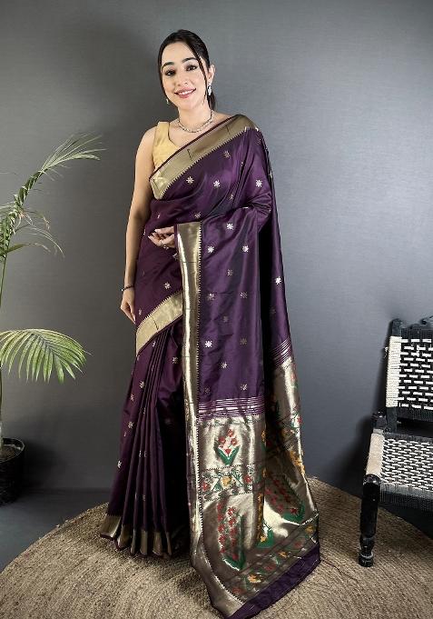 Wine Floral Print Silk Saree Set — view on Indya
