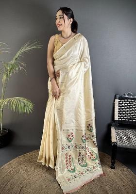 Cream Floral Print Silk Blend Saree Set