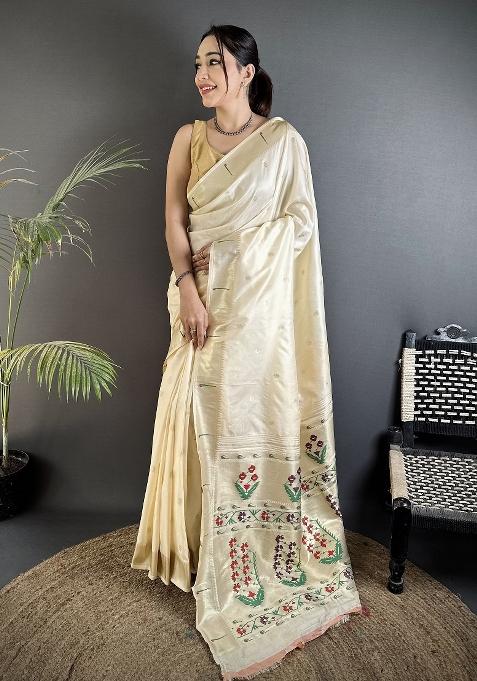 Cream Floral Print Silk Blend Saree Set