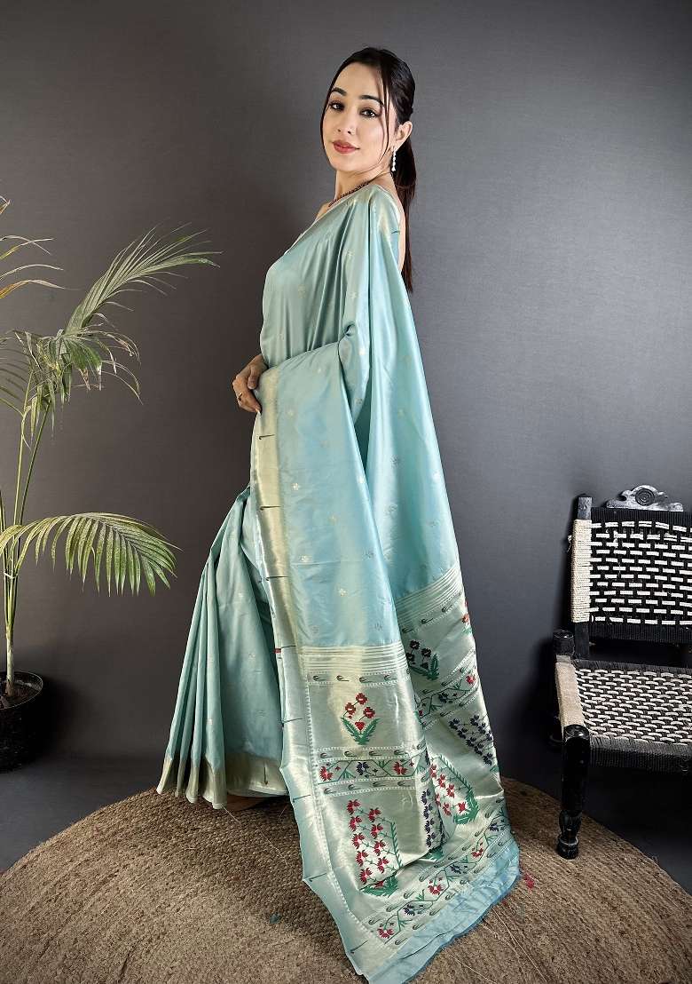 Sky Blue Silk Blend Saree Set with Floral Print for Diwali | Wedding & Festive Wear - Indya