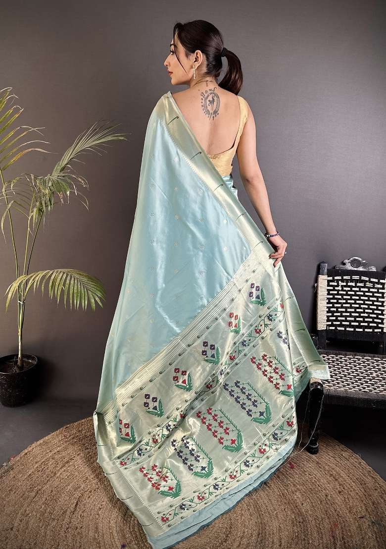 Sky Blue Silk Blend Saree Set with Floral Print for Diwali | Wedding & Festive Wear - Indya