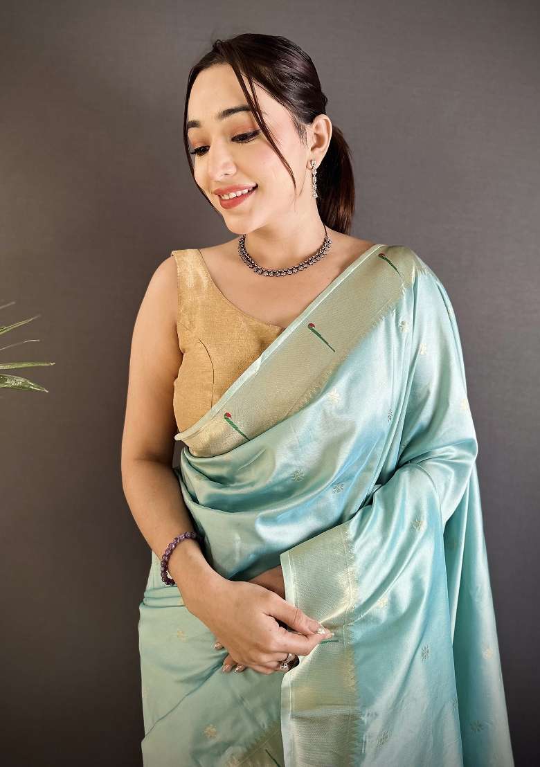 Sky Blue Silk Blend Saree Set with Floral Print for Diwali | Wedding & Festive Wear - Indya