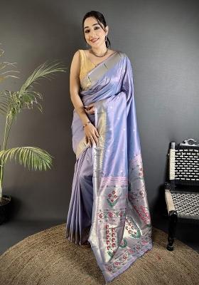 Lavender Floral Print Silk Blend Saree Set