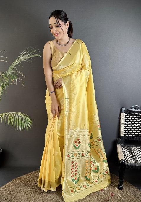 Light Yellow Floral Print Silk Saree Set