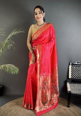 Rani Pink Floral Print Silk Blend Saree Set