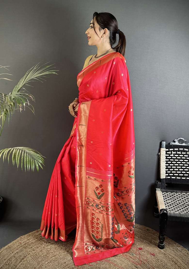 Rani Pink Silk Blend Saree Set with Floral Print for Diwali | Wedding & Festive Wear - Indya