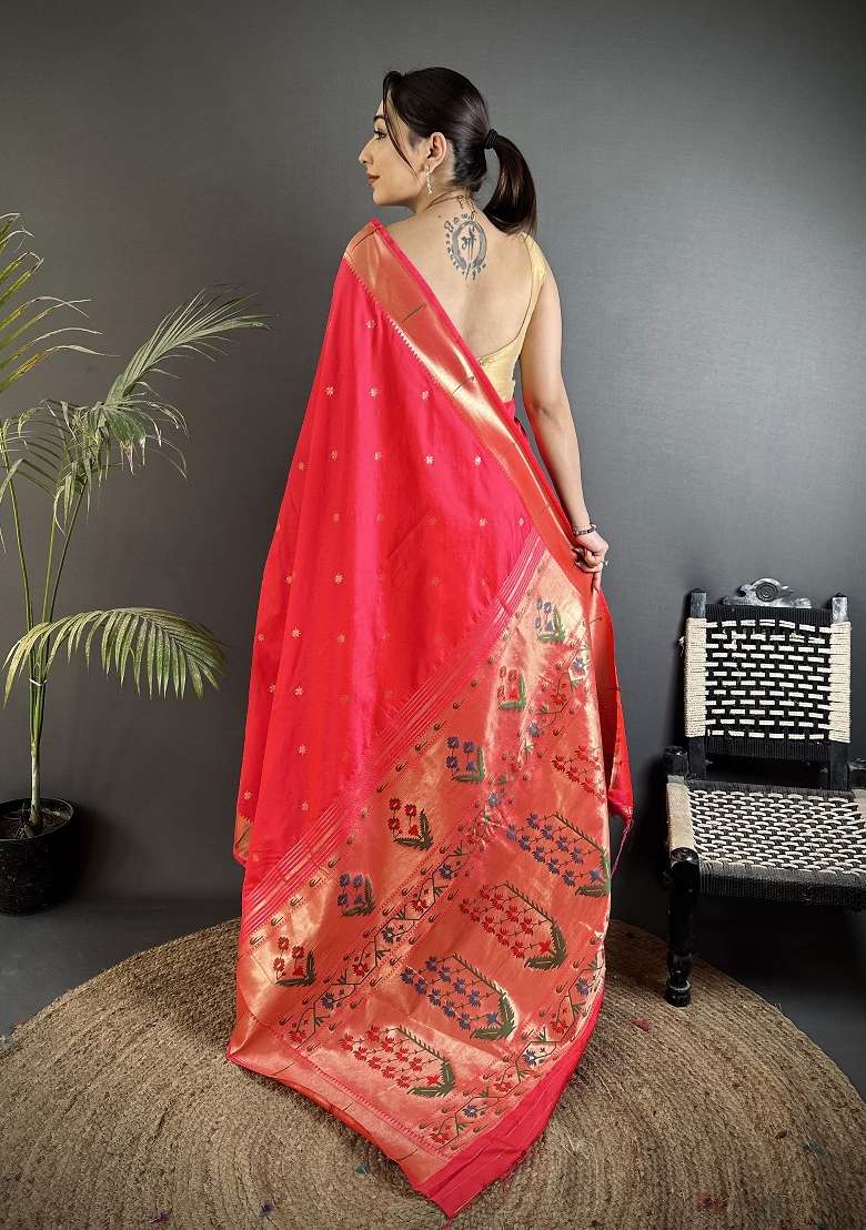 Rani Pink Silk Blend Saree Set with Floral Print for Diwali | Wedding & Festive Wear - Indya