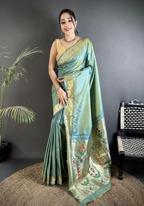 Light Green Floral Print Silk Saree Set