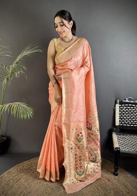Peach Floral Print Silk Blend Saree Set