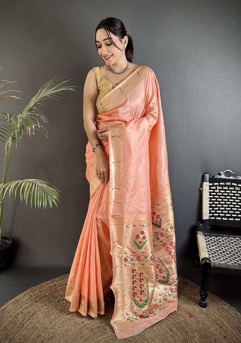 Peach Silk Blend Saree Set with Floral Print for Diwali | Wedding & Festive Wear - Indya