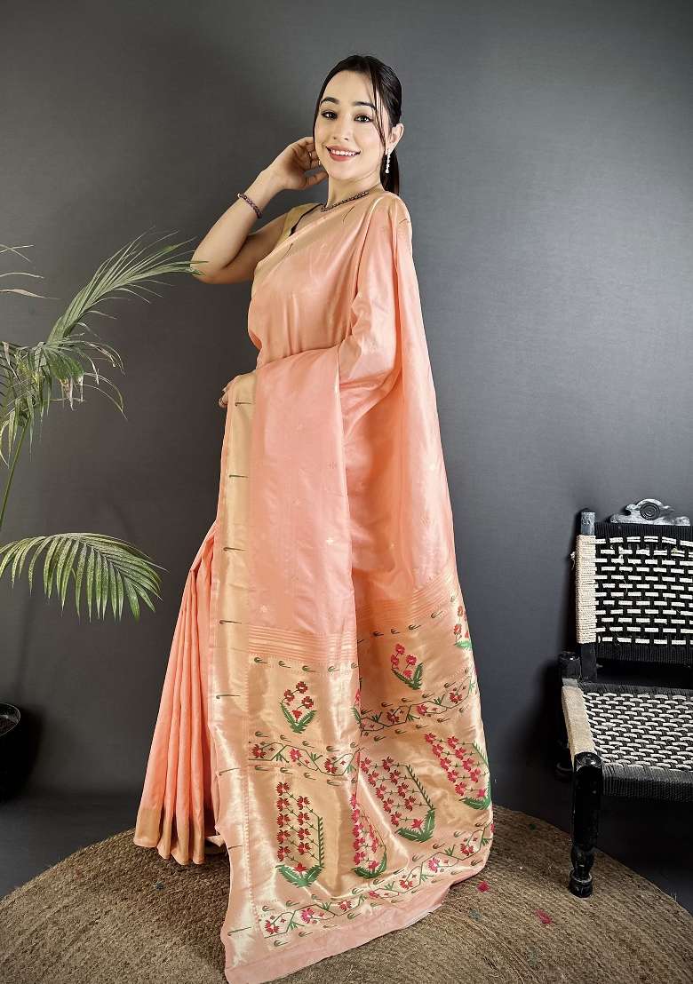Peach Silk Blend Saree Set with Floral Print for Diwali | Wedding & Festive Wear - Indya