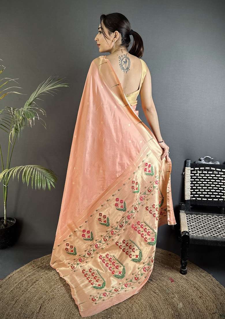 Peach Silk Blend Saree Set with Floral Print for Diwali | Wedding & Festive Wear - Indya