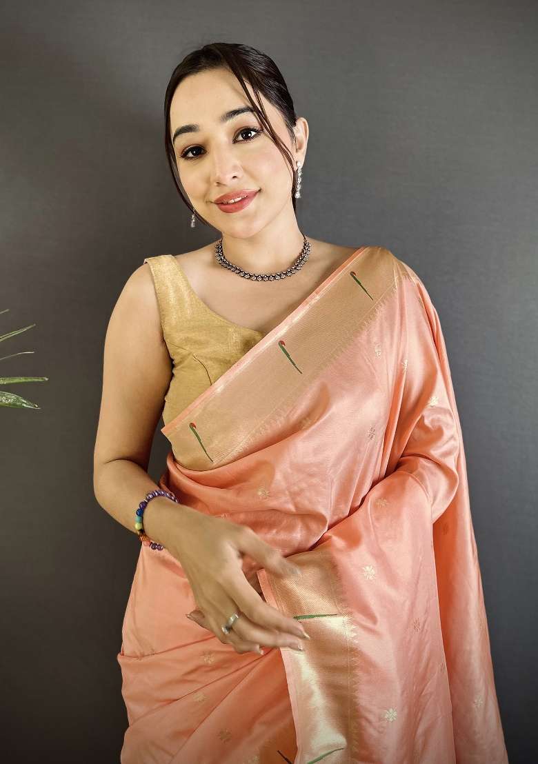 Peach Silk Blend Saree Set with Floral Print for Diwali | Wedding & Festive Wear - Indya