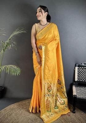 Yellow Floral Print Silk Blend Saree Set
