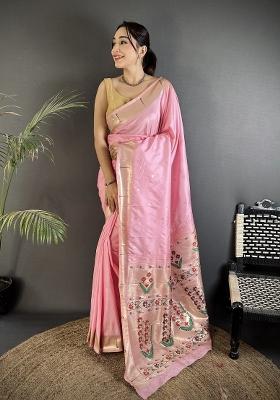 Baby Pink Floral Print Silk Blend Saree Set