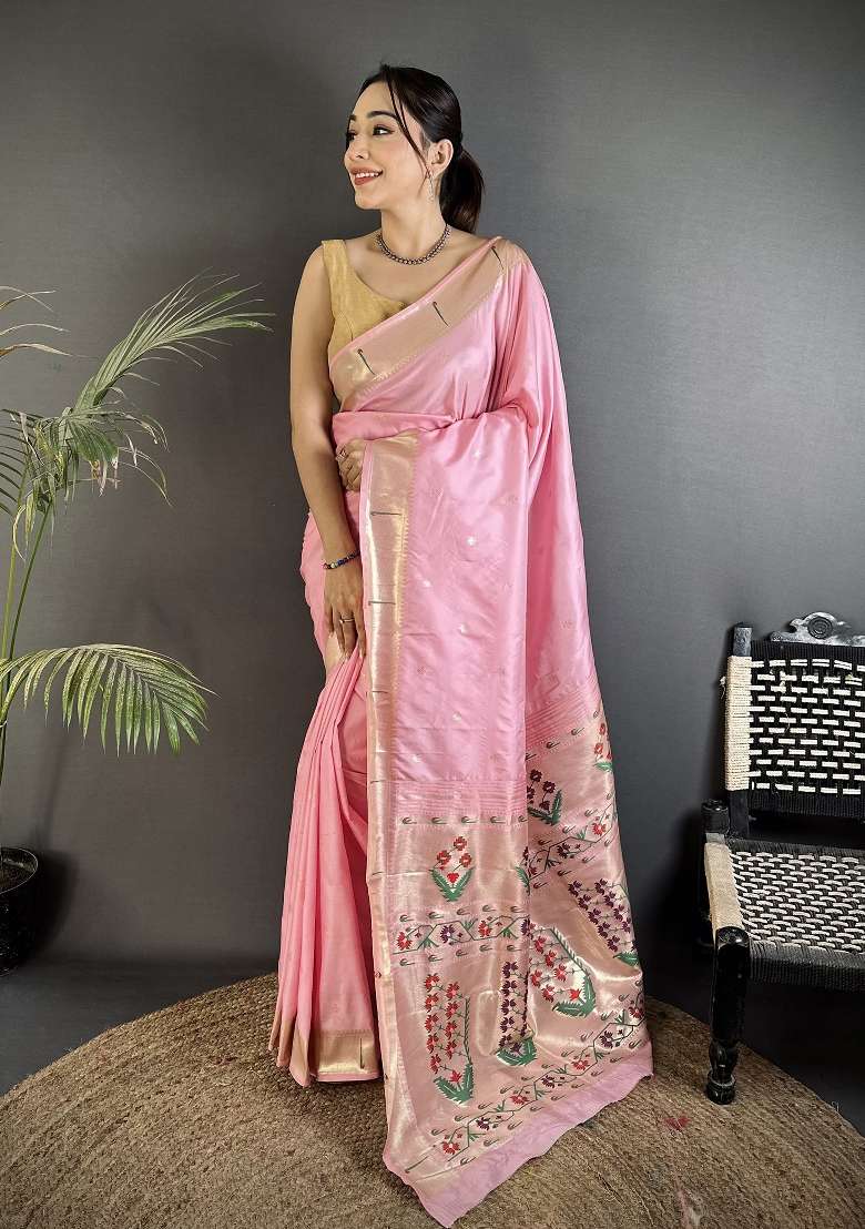 Baby Pink Floral Print Silk Blend Saree Set for Diwali and Festive Wear - Indya