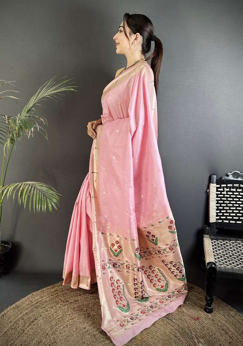 Baby Pink Floral Print Silk Blend Saree Set for Diwali and Festive Wear - Indya