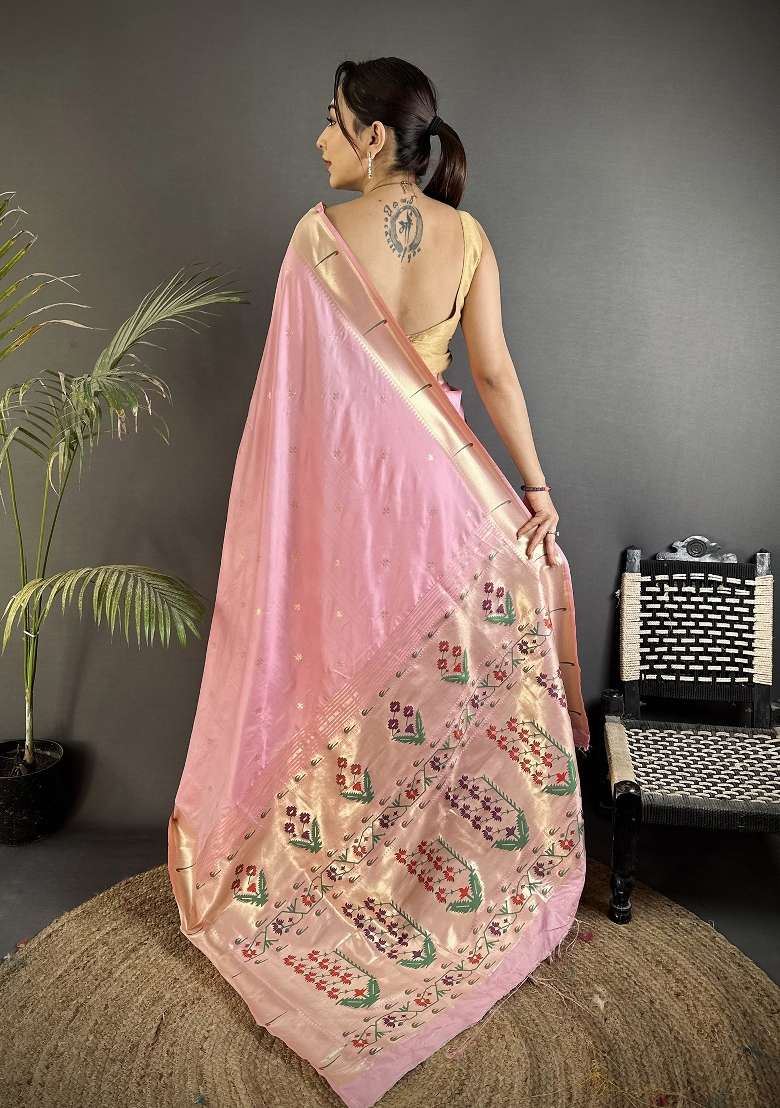 Baby Pink Floral Print Silk Blend Saree Set for Diwali and Festive Wear - Indya