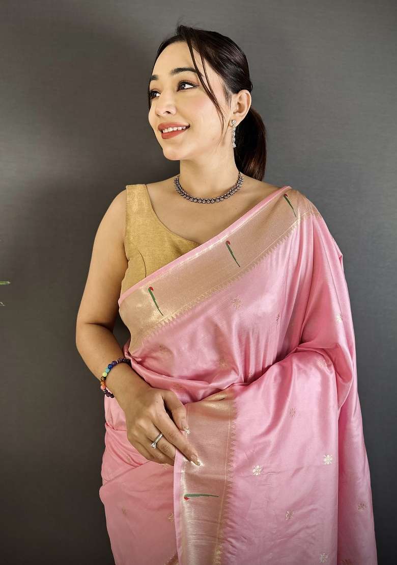 Baby Pink Floral Print Silk Blend Saree Set for Diwali and Festive Wear - Indya