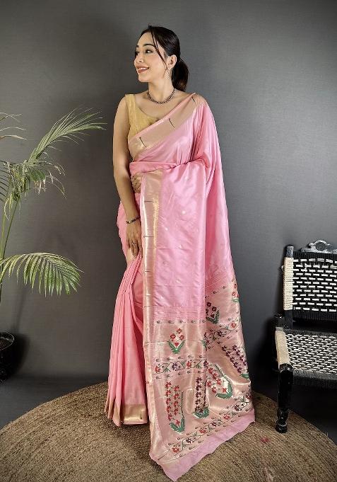 Baby Pink Floral Print Silk Saree Set — view on Indya