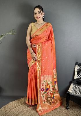 Orange Floral Print Silk Blend Saree Set