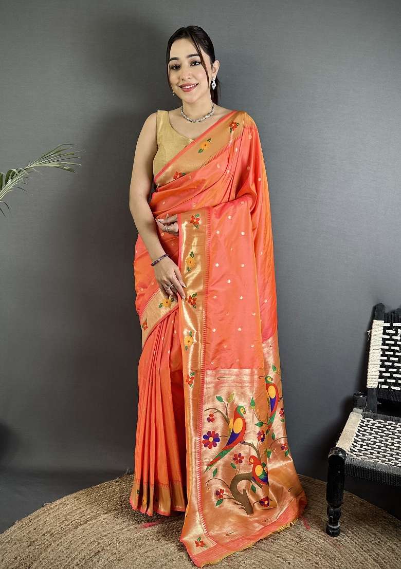 Orange Floral Print Silk Blend Saree Set - Indya