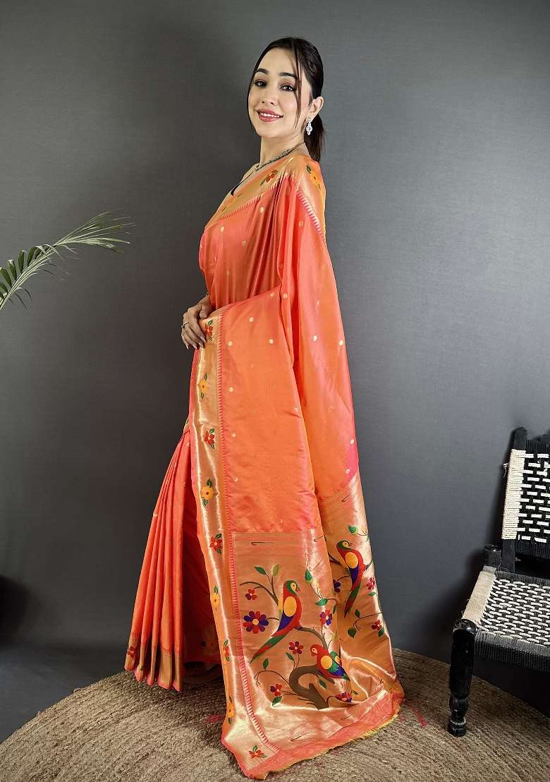 Orange Floral Print Silk Blend Saree Set - Indya