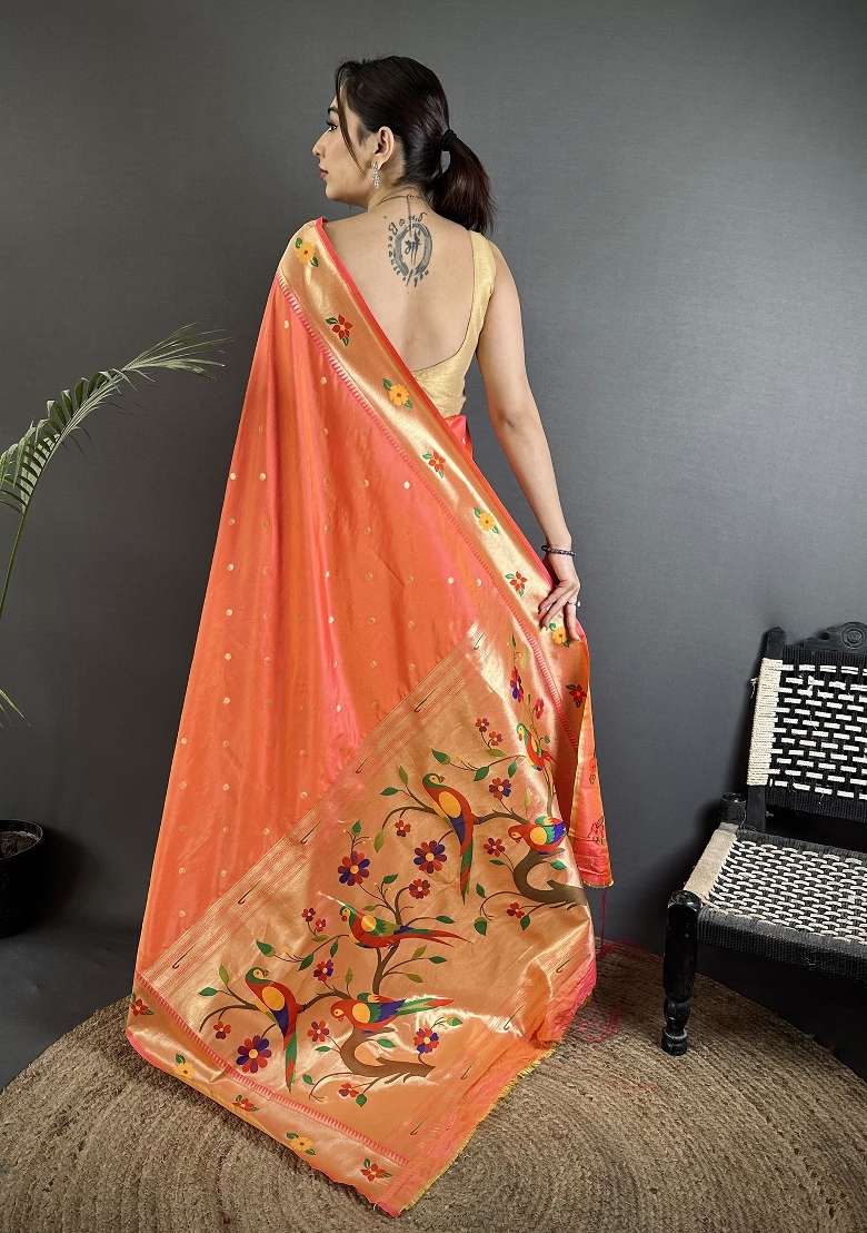 Orange Floral Print Silk Blend Saree Set - Indya