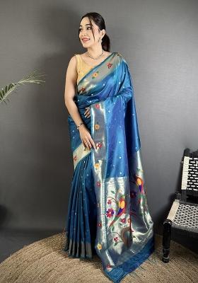 Teal Blue Floral Print Silk Blend Saree Set