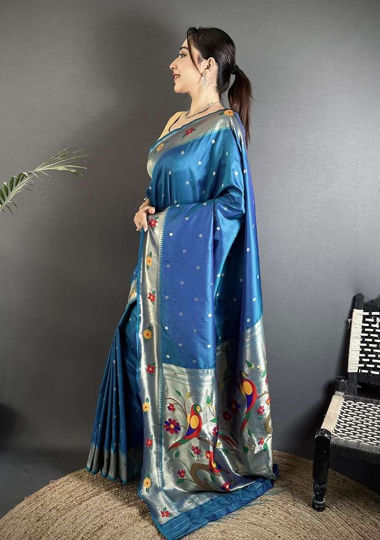 Teal Blue Floral Print Silk Blend Saree Set - Indya